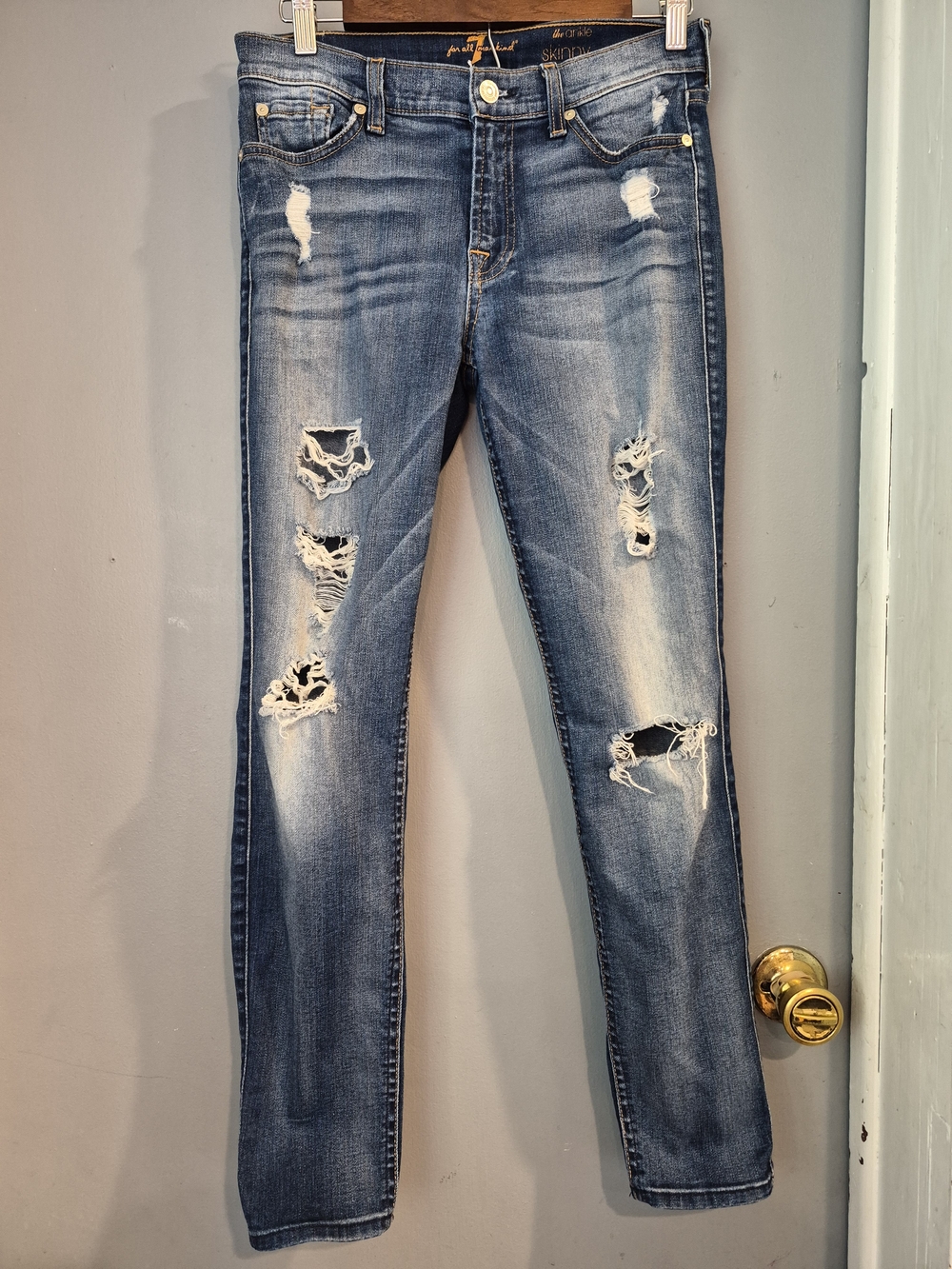7 For All Mankind Women's Skinny Distressed Blue Jeans
